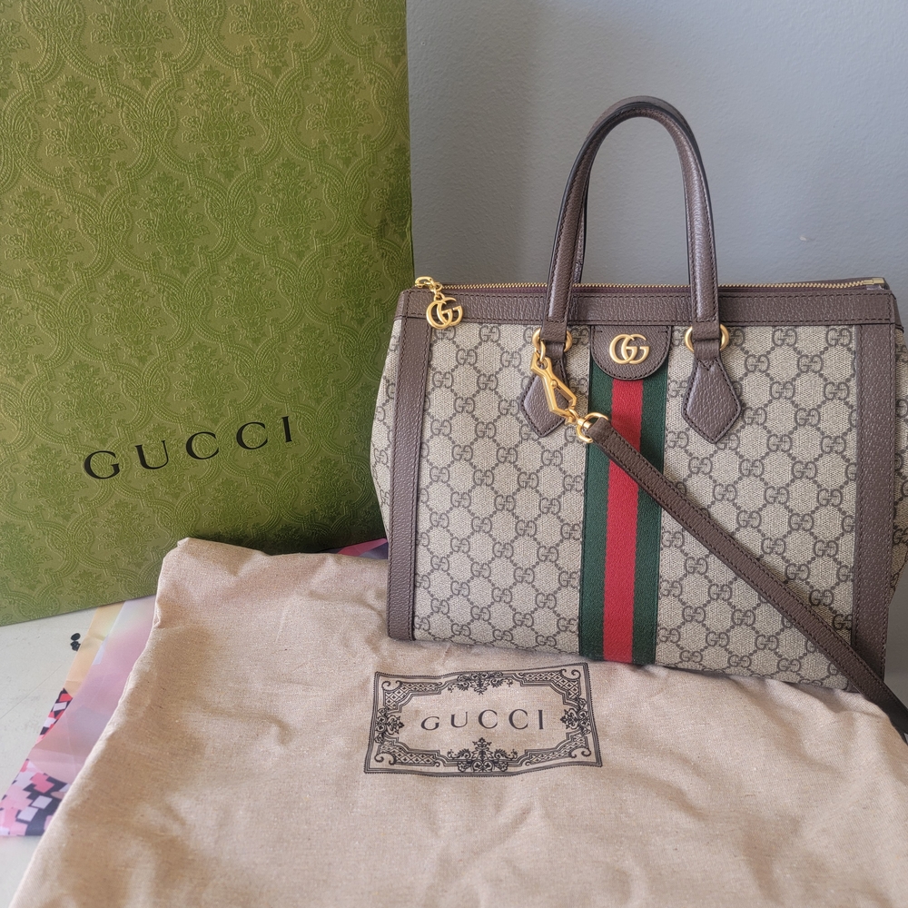 Gucci Beige and Brown Satchel with Red and Green Accents